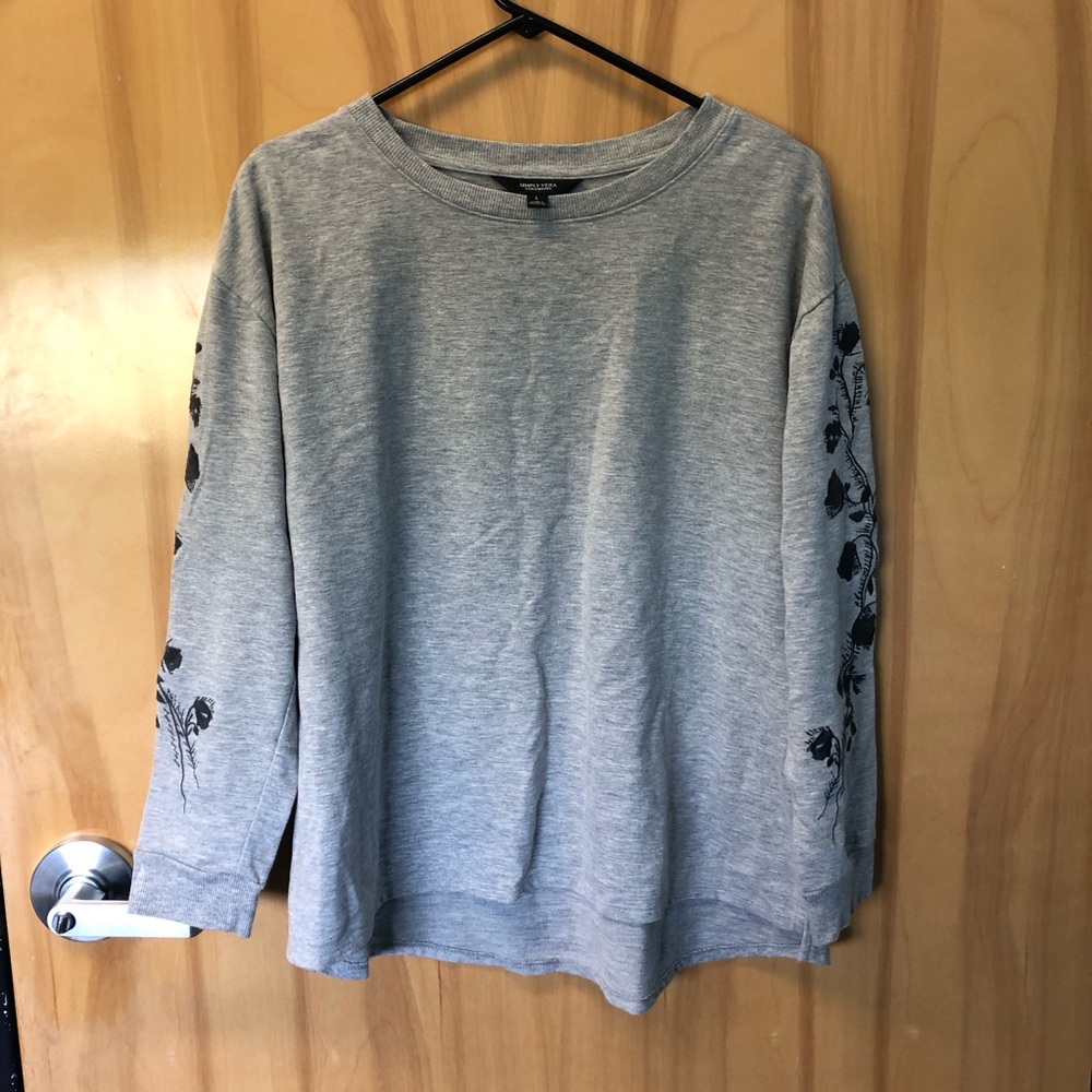 Grey Sweatshirt with Black Floral Sleeve Print Vera Wang